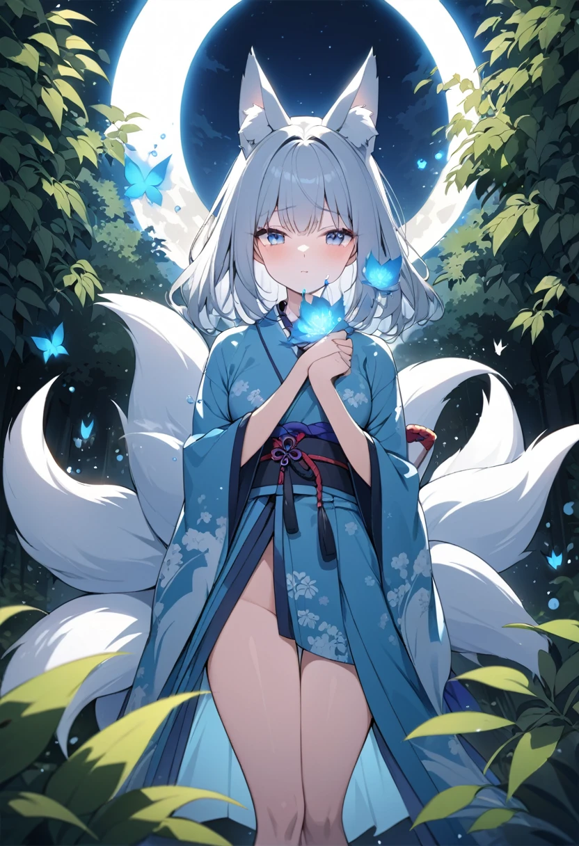Masterpiece, Extremely detailed, beautiful, perfect face e, close distance shot, (A beautiful kitsune woman peering through the leaves in a dense forest) , {she is surrounded by motes of blue fire}, facing viewer, (dynamic pose) , fox ears, nine fox tails, traditional Japanese clothing. Japanese sandels, ((vegetation in the forground, dew, subject partially obscured by vegetation)) , ((moonlit night))