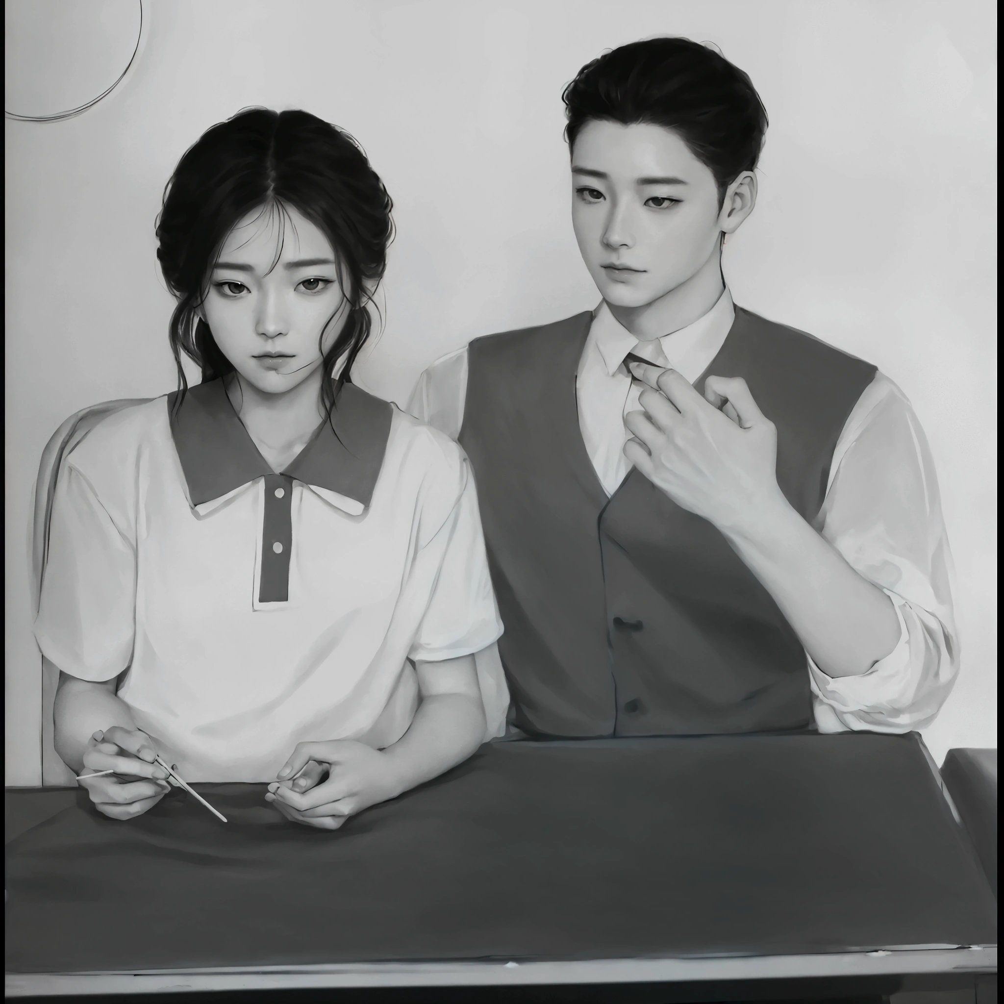 There is a drawing of a man and a woman sitting together., artwork in the style of Gouvice, Mostly in gray tones., Inspired by Sim Sa Jung, High quality fan art, By Shinkei, Gouvice, Sakimichan and Frank Franceta, Ruean Jia and Chao Ruean, Niksu and Sakimichan, Realistic art style