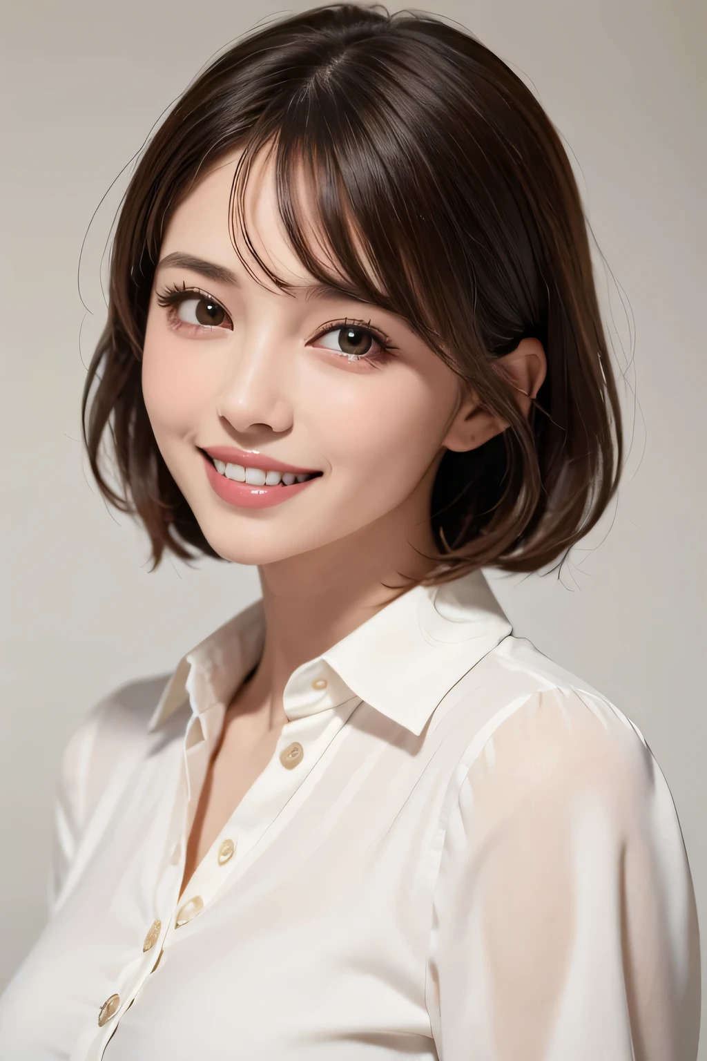 ((masterpiece)), ((Highest quality)), ((Complex)), ((Surreal)), (Realistic), (Mature Woman), ((No classes)), Very detailed, (1 female), Beautiful and exquisite, (Beautiful Teeth), Grin, Brunette bob hair, Brown eyes, ((blouse)), (Upper Body), (background:none), Perfect Eyes, Captivating eyes, Looking at the audience