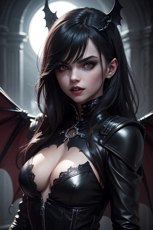 a vampire girl, detailed black leather outfit, bright eyes, sharp fangs, bat wings, cinematic lighting, dramatic chiaroscuro, dark gothic, highly detailed, 8k, photorealistic, masterpiece