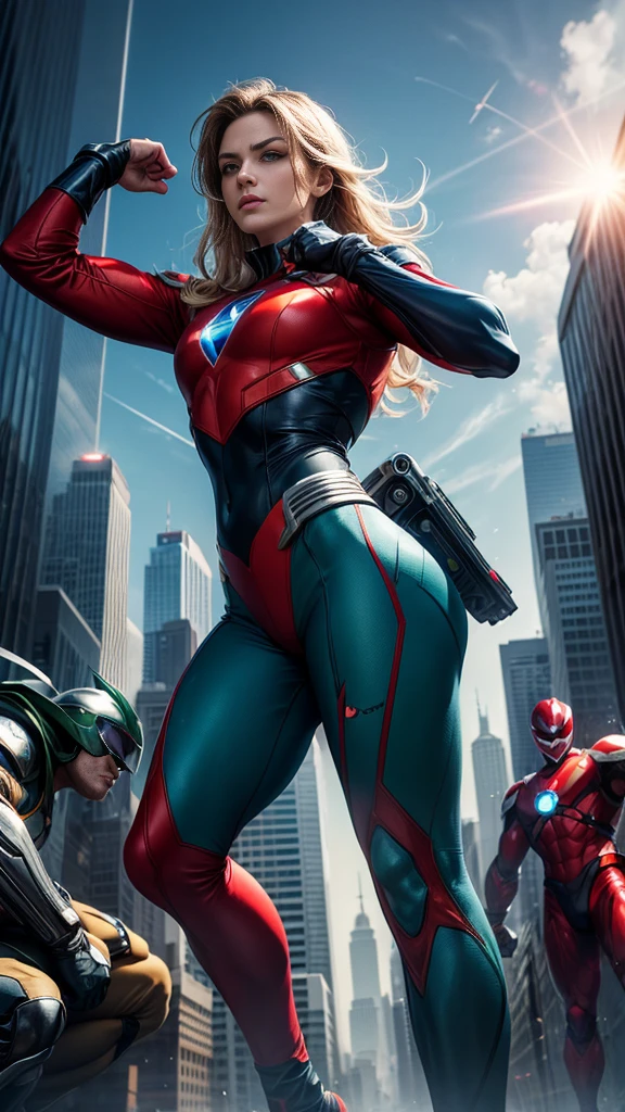 (masterpiece, Best image quality),Group photo of the five heroes, Male hero wearing a red suit, Male hero wearing a blue suit, Female hero in a green suit,Female hero wearing a white suit,Male hero wearing a black suit, (Dynamic pose | Element Surround:1.2), Low angle view, Very detailed, Background of the metropolis, intense, Outdoor, Power Ranger, Squadron, Star mark