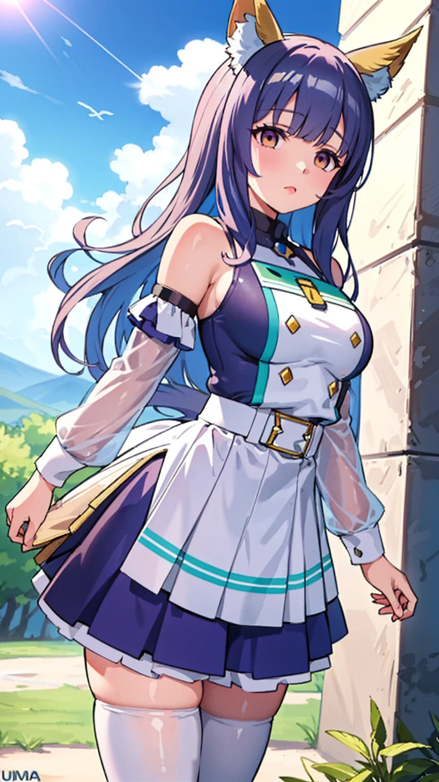 アングル、後ろから、Without skirt、Blue Panties、Panties in full view、In underwear、(masterpiece, best quality), 1girl,   utsumiericeFA,long sleeves, bare shoulders, jewelry, puffy sleeves, necklace,, streaked hair,  blue ribbon, puffy long sleeves,magatama,