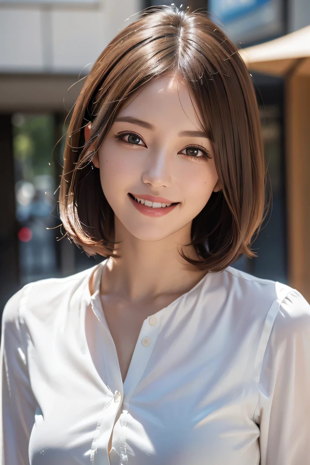 ((masterpiece)), ((Highest quality)), ((Complex)), ((Surreal)), (Realistic), (Mature Woman), ((No classes)), Very detailed, (1 female), Beautiful and exquisite, (Beautiful Teeth), Grin, Brunette bob hair, Brown eyes, ((blouse)), (Upper Body), (background:none), Perfect Eyes, Captivating eyes, Looking at the audience