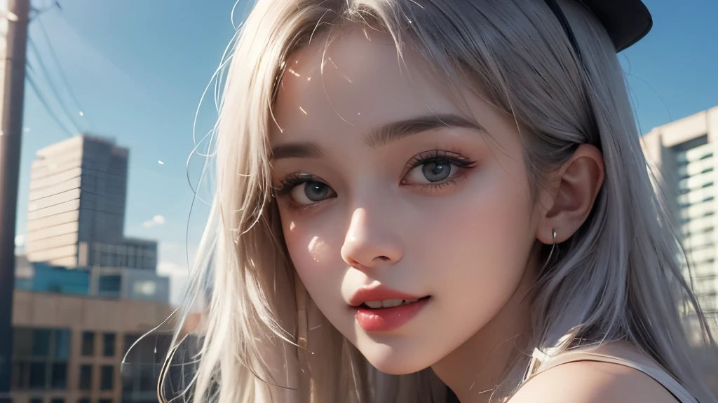 ((Highest quality, 8k, Best image quality, Ultra-high resolution)), beauty, 18-year-old, alone, ((big: 1.6)), Nipples, Baby Face, Round face, A kind smile, White teeth, Ultra-high definition and beautiful skin, Fair skin, Silver Hair, Shortcuts, blue sky, Very detailed and beautiful face, Off-the-shoulder T-shirt、Tulle miniskirt,(head shot:1.5)