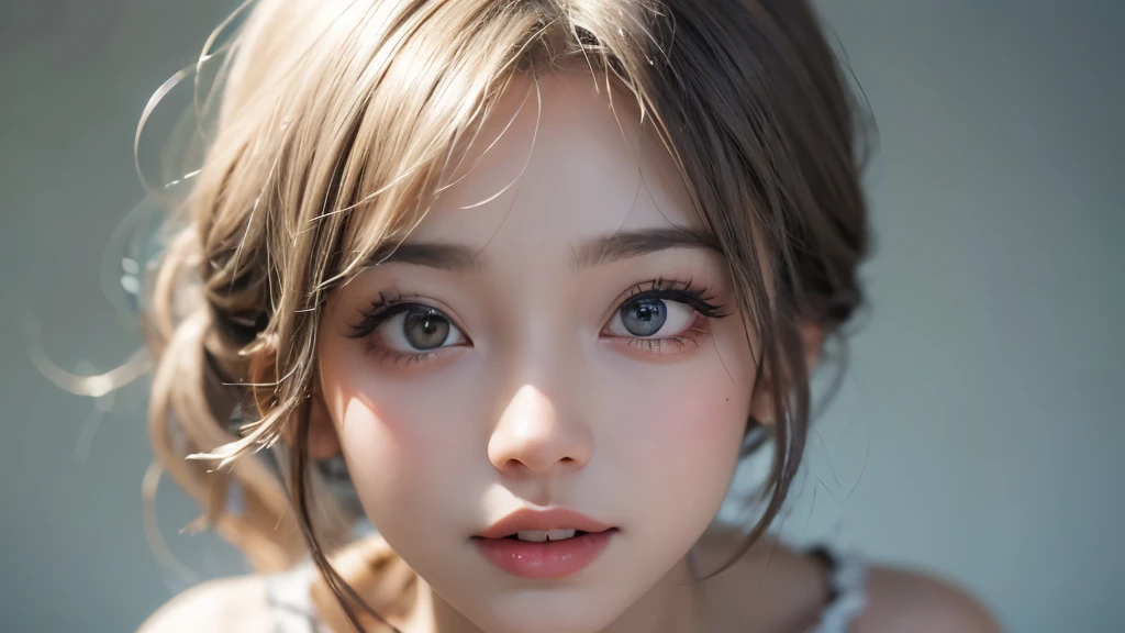 ((Highest quality, 8k, Best image quality, Ultra-high resolution)), beauty, 18-year-old, alone, ((big: 1.6)), Nipples, Baby Face, Round face, A kind smile, White teeth, Ultra-high definition and beautiful skin, Fair skin, Silver Hair, Shortcuts, blue sky, Very detailed and beautiful face, Off-the-shoulder T-shirt、Tulle miniskirt,(head shot:1.5)