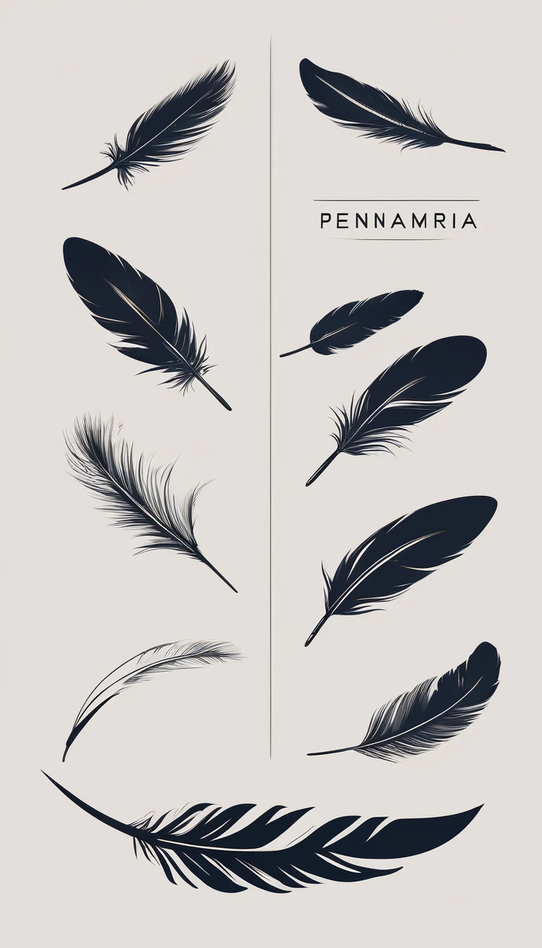 A minimal, modern, simple, cinematic logo design for the brand “Penamemoria". Create a modern, minimalistic, high-quality, logo of a feather that convey a sense of memories and dreams