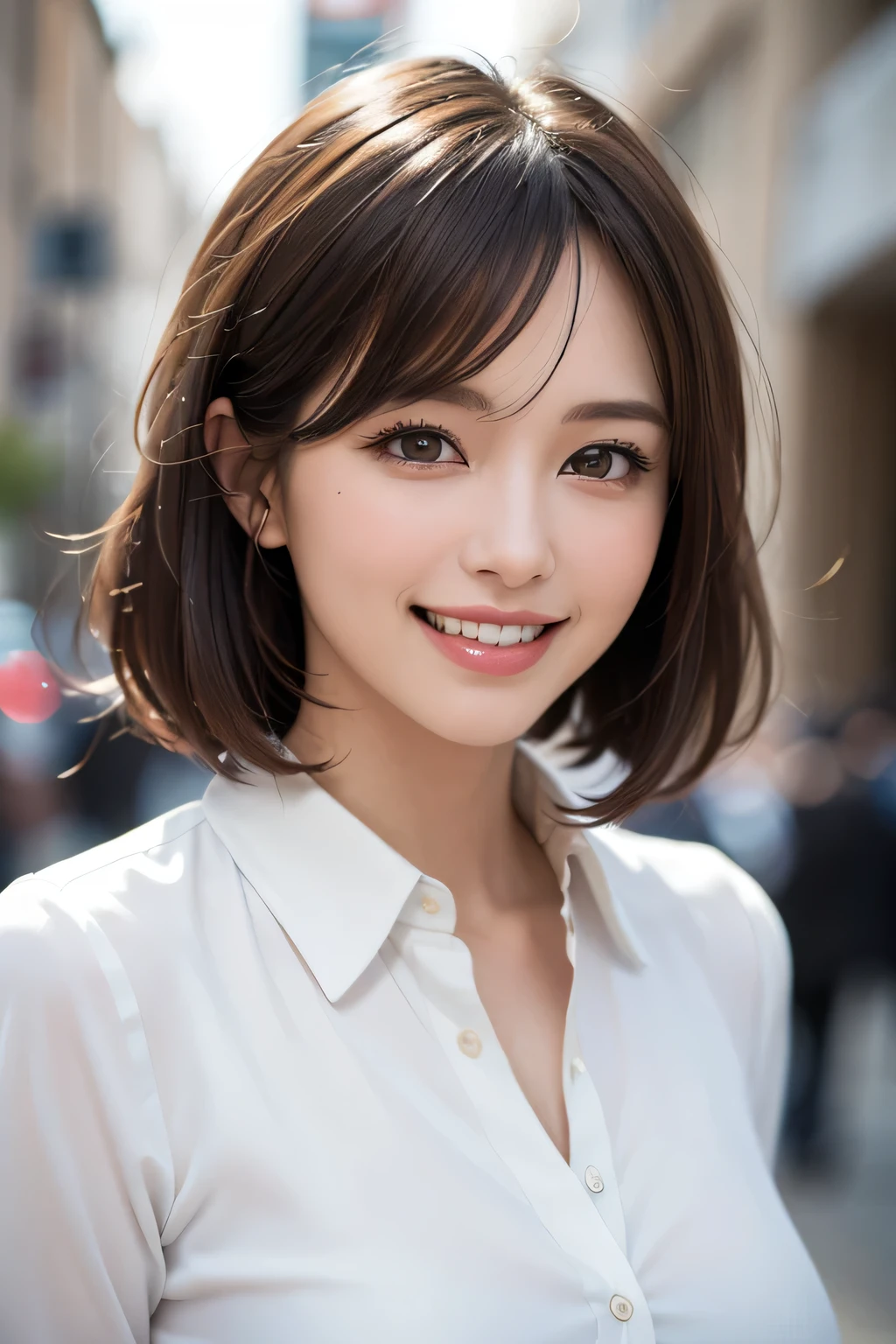 ((masterpiece)), ((Highest quality)), ((Complex)), ((Surreal)), (Realistic), (Mature Woman), ((No classes)), Very detailed, (1 female), Beautiful and exquisite, (Beautiful Teeth), Grin, Brunette bob hair, Brown eyes, ((blouse)), (Upper Body), (background:none), Perfect Eyes, Captivating eyes, Looking at the audience