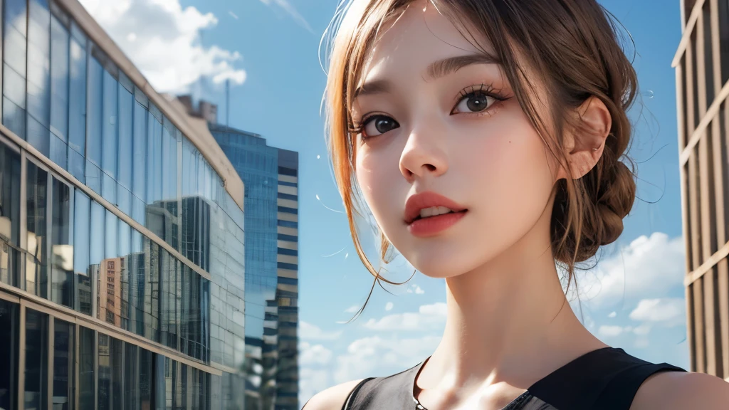 ((Highest quality, 8k, Best image quality, Ultra-high resolution)), beauty, 18-year-old, alone, ((big: 1.6)), Nipples, Baby Face, Round face, A kind smile, White teeth, Ultra-high definition and beautiful skin, Fair skin, Silver Hair, Shortcuts, blue sky, Very detailed and beautiful face, Off-the-shoulder T-shirt、Tulle miniskirt,(head shot:1.5)