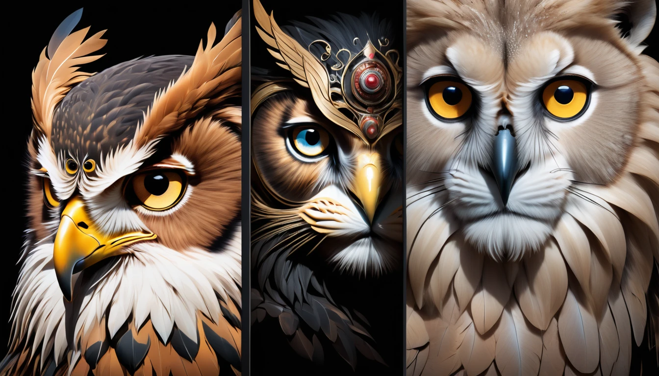 create an image divided into 3 parts, these images must be a close-up of the face of 3 animals, each is the representation of an archetype, first animal and an owl (located in the left corner in the first part of the image), second the lion (located in the center of the image), third animal is eagle (located in the third part of the image in the right corner of the image), the image must be divided equally vertically and no part must invade or overlap the other, the image must be made in black and white, ultra-realistic, 8k, extreme sharpness and details, black background, (Owl, Lion, Eagle), ( An image with 2 divisions and three parts), all facing the camera, division in black