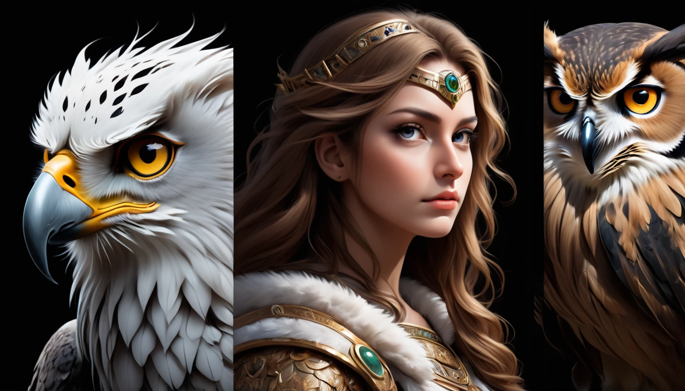 create an image divided into 3 parts, these images must be a close-up of the face of 3 animals, each is the representation of an archetype, first animal and an owl (located in the left corner in the first part of the image), second the lion (located in the center of the image), third animal is eagle (located in the third part of the image in the right corner of the image), the image must be divided equally vertically and no part must invade or overlap the other, the image must be made in black and white, ultra-realistic, 8k, extreme sharpness and details, black background, (Owl, Lion, Eagle), ( An image with 2 divisions and three parts), all facing the camera, division in black