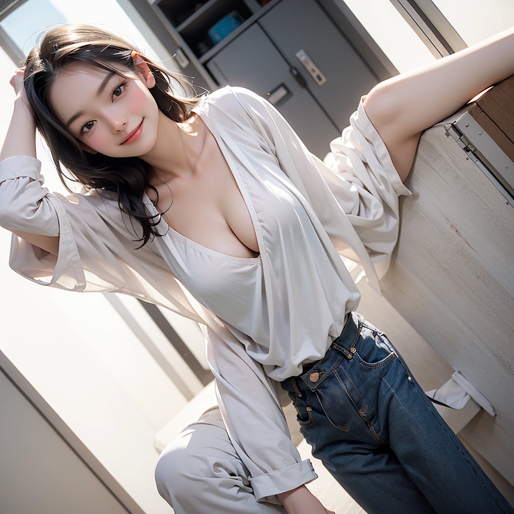 ((((Emphasize cleavage))))
(Masterpiece, high quality), (Multiple Girls,) School locker room, (white panties), white t-shirt, Change of clothes, Low - Angle, Wide-angle, bright, white, Soft Light、smile