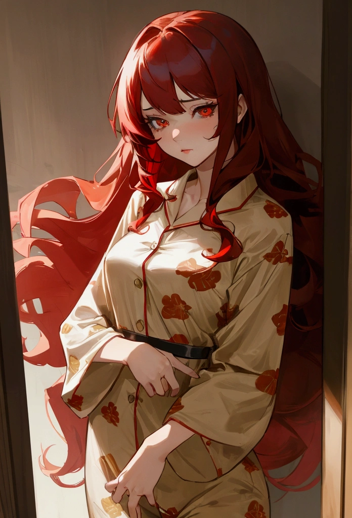 woman, 20's, beautiful, captain, red hair, golden eyes, bangs, long hair, pajama chlotes, had pajama, medium breast, sharp eyes