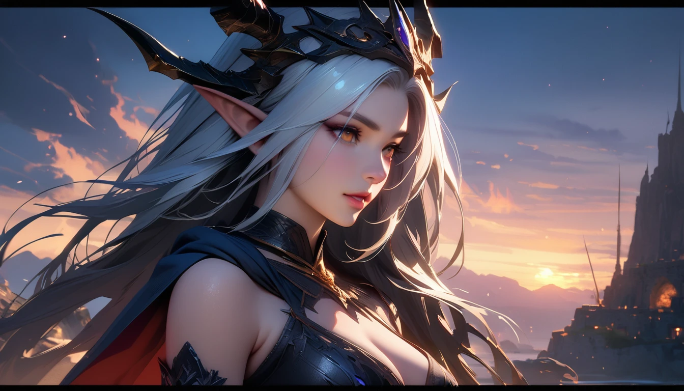 masterpiece, Best quality, 1 girl,photo, Studio photography, from the waist up, upper body, close-up of a woman with white hair and a horned face, dark Elf princess, beautiful dark Elf countess, Diablo 4 queen, 4k fantasy art, Diablo 4 Lilith, 8K fantasy art, dark Elf maiden, Кароль за uhd, dark Elf, hyper detailed fantasy character, detailed fantasy art, Фэнтезийное искусство Unreal Engine, ancient ring elf, the evening Mediterranean light casts a warm glow on her porcelain skin., High-resolution image, digital painting, Spiritual peace, golden ratio composition, cowboy shot, brilliant, brilliant hair, (night:1.2),Dreamy, [[gentle fingers and hands:0.55]::0.85],(detailed fingers),),(emotional),(breathtaking),(main part:1.2) whole body.), (Anime Style), (Super Detailed), (brutal), (uhd, HDR), (8k), (High Resolution: 1.2), (Complex and Beautiful: 1.2)