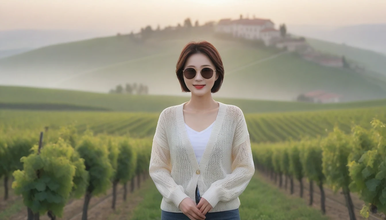 8k realistic, lifelike photo,, 36 year old Korean woman, Short in stature, pretty like a model. white shirt and short cardigan, casual pants, short medium hair, smiling, Italy. spring, vineyard, thick dawn fog. vineyard 지나 짙은 안개 속으로 멀리 성당이 보인다. Full body shot from afar with a wide angle lens , 1 woman, Short in stature, superb picture quality, The morning fog is getting thicker, The picture quality is alive... Full body shot with Canon 16-35 wide angle lens, Put on your horn-rimmed sunglasses and look to the side.