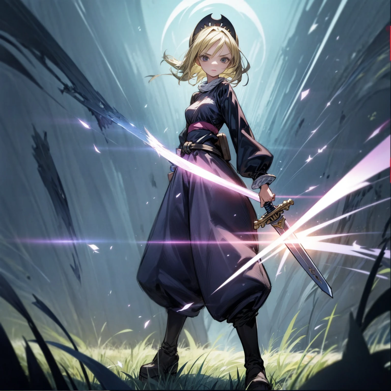 1girl, Full body version, 1character, black eyes, long Frizzy haircut, blonde colour hair, medieval clothing, long pants, headband, boots, Grassroots, full background in field town, motion blur, lighting, (one piece art), standing poses, sword in hand