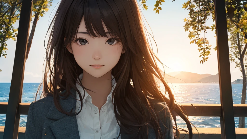 Shiraishi Mei, Looks exactly like Shiraishi Mei,Oceanの方を向いている後ろ姿、Woman looking up at the sky ,Long Hair, Dark brown hair, 2 girls, 18-year-old, photograph, Realistic, Highest quality, Detailed face, Strong sunlight, Ocean, Embankment, Detailed Background, Diffused sunlight, Written boundary depth, Bokeh (Highest quality: 1.2), (masterpiece: 1.2), Watch Viewer, one piece, White Theme, ,Vision、(((Panorama:1.2)))
