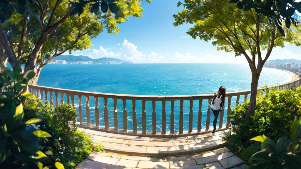Shiraishi Mei, Looks exactly like Shiraishi Mei,Oceanの方を向いている後ろ姿、Woman looking up at the sky ,Long Hair, Dark brown hair, 2 girls, 18-year-old, photograph, Realistic, Highest quality, Detailed face, Strong sunlight, Ocean, Embankment, Detailed Background, Diffused sunlight, Written boundary depth, Bokeh (Highest quality: 1.2), (masterpiece: 1.2), Watch Viewer, one piece, White Theme, ,Vision、(((Panorama:1.2)))
