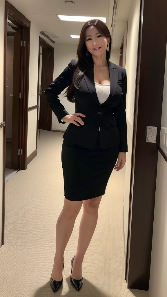 ((Highest quality, 8k, Masterpiece, Portrait: 1.3)), (Looking at the viewer), (Panoramic: 0.85), Attractive mature woman, 1 person, A little fat: 0.35, White collared shirt, gray suit jacket, black hip skirt, flesh-colored stockings, ((Big breasts 2.1))(Big pelvis: 0.8), (Standing by the river)), Smile: 0.2, Office corridor, Good posture, (((Mature woman))), (((45 years old))) In the morning, in the office corridor, the light is bright