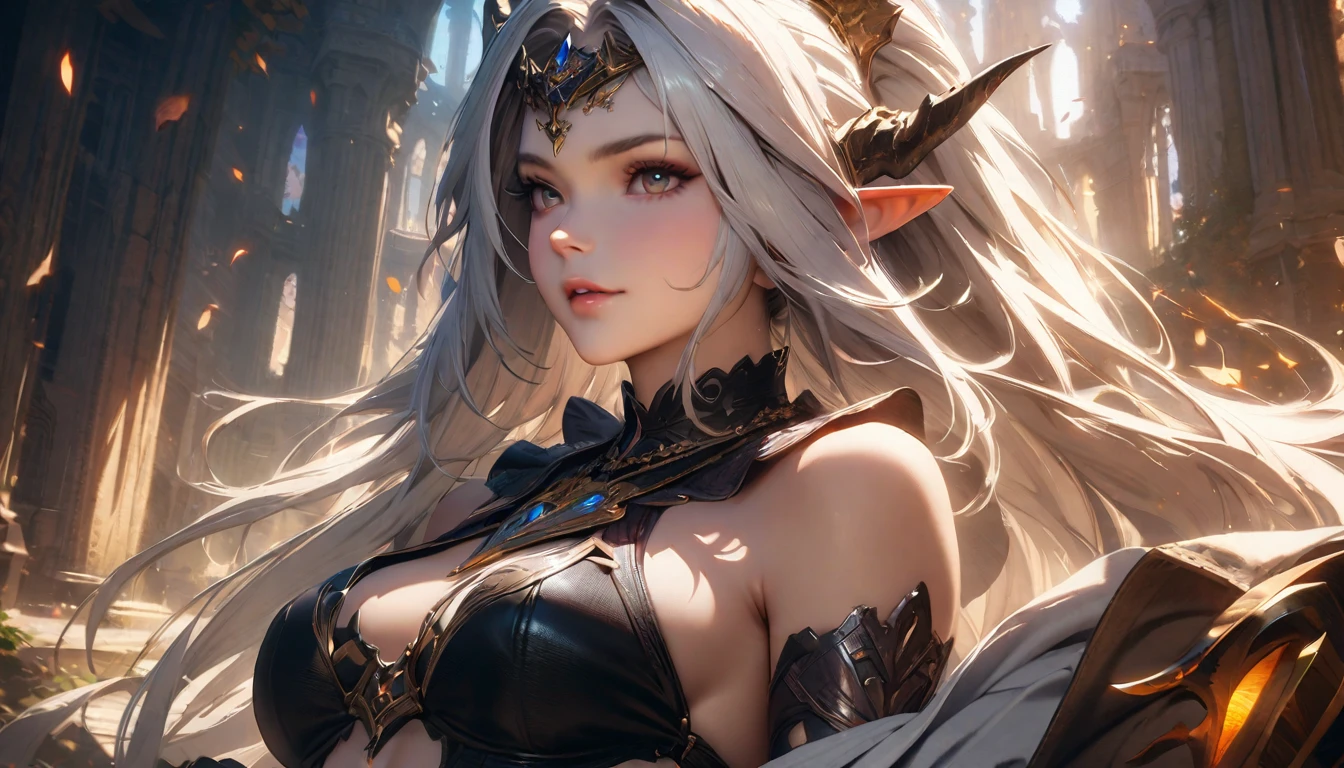 masterpiece, Best quality, 1 girl,photo, Studio photography, from the waist up, upper body, close-up of a woman with white hair and a horned face, dark Elf princess, beautiful dark Elf countess, Diablo 4 queen, 4k fantasy art, Diablo 4 Lilith, 8K fantasy art, dark Elf maiden, Кароль за uhd, dark Elf, hyper detailed fantasy character, detailed fantasy art, Фэнтезийное искусство Unreal Engine, ancient ring elf, the evening Mediterranean light casts a warm glow on her porcelain skin., High-resolution image, digital painting, Spiritual peace, golden ratio composition, cowboy shot, brilliant, brilliant hair, (night:1.2),Dreamy, [[gentle fingers and hands:0.55]::0.85],(detailed fingers),),(emotional),(breathtaking),(main part:1.2) whole body.), (Anime Style), (Super Detailed), (brutal), (uhd, HDR), (8k), (High Resolution: 1.2), (Complex and Beautiful: 1.2)