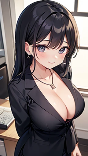 OL, office lady, panties, Black bra, smile, necklace, Earrings, Front view, whole body, Low - Angle,Long black hair、Large breasts