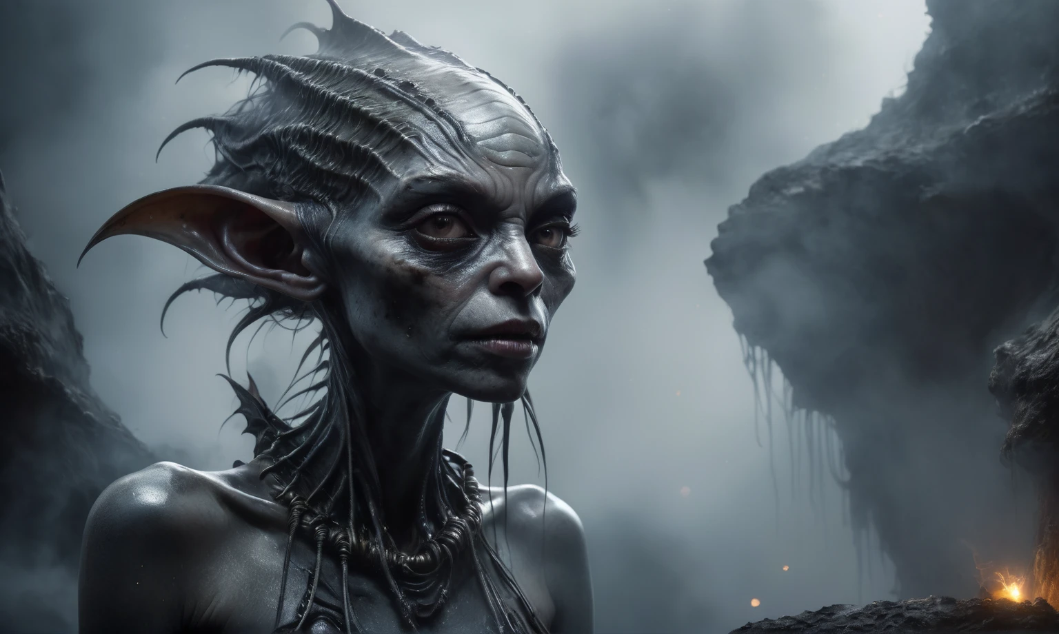 full body length,niobium goblin,native africa xenomorph's slaves,once pretty face,eyebrow up,full body shot,ominous landscape,niobium gray atmosphere,photo,photorealism,Masterpiece,hyper natural skin textures, hyper realism,hyper detailed,High contrast,Realism,Ultra Detailed,irina yermolova,close full body shot,32K resolution,Nikon Z9, ,demonic, fog, smoke, audience, mist, featuring ultra-realistic and hyper-realistic elements,
  Marta Bevacqua, Ellen Jewett, Kawacy, Katsuya Terada, Carne Griffiths,concert lighting,  bokeh,  luminal space that feels
 both bright and surreal. Includes liquid fluid elements for added depth and movement. Rendered in an unreal 
engine and post-processed to achieve . Evokes a sense of dreamy, ethereal 
and mystical mood,horror pixar movie still,thriller disney movie ,pixar render, animated ,suicide