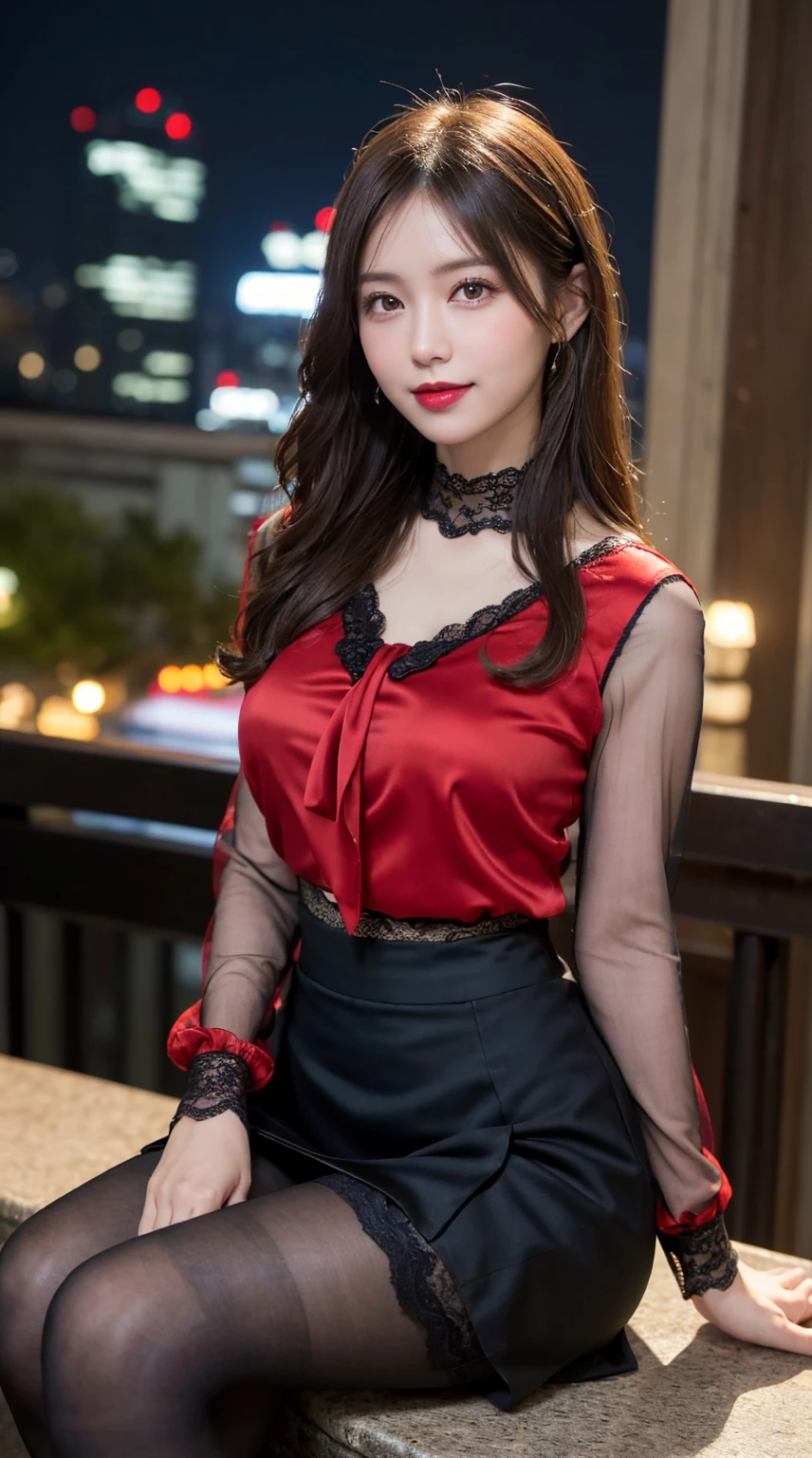 highest quality, masterpiece, 8K, ultra high resolution, (realistic: 1.4), 1 girl, beautiful face, symmetrical eyes, Japanese, smile, brown hair, perfect body proportions, full body, smile , large breasts, high heels, wearing makeup , pantyhose, ((red lace fabric blouse)), ((silk black color skirt)), ((tight fitting skirt )), (laced long sleeve) , (city night, dark night, (blurred background), dim lights, cityscape, in the dark, deep shadow, sitting, crossed legs, , (legs shown: 1.3)