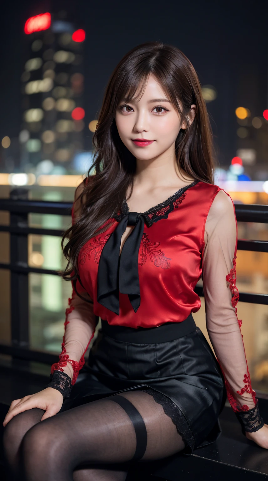 highest quality, masterpiece, 8K, ultra high resolution, (realistic: 1.4), 1 girl, beautiful face, symmetrical eyes, Japanese, smile, brown hair, perfect body proportions, full body, smile , large breasts, high heels, wearing makeup , pantyhose, ((red lace fabric blouse)), ((silk black color skirt)), ((tight fitting skirt )), (laced long sleeve) , (city night, dark night, (blurred background), dim lights, cityscape, in the dark, deep shadow, sitting, crossed legs, , (legs shown: 1.3)