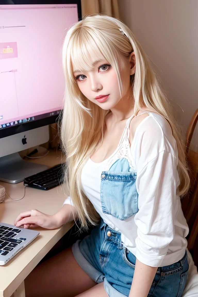 Cute pastel bedroom, an 18 year old blonde long-haired gyaru girl sits in front of a computer. She is wearing a blouse and denim shorts. She has a confused look, I&#39;m puzzled by the error message on the screen. (Top quality photorealistic masterpiece: 1.4), (Ultra-high-resolution RAW photos: 1.3), (High-resolution symmetrical clear eyes: 1.3), 1 Japanese gal, Female dog, Chick, 18-year-old, (dark purple eyeshadow cheek: 1.3) ), (blonde eyebrows: 1.2), blonde,  Female dog, Red lips, (Big cleavage: 1.2),( Bending angle: 1.1),break, (Detailed beautiful background: 1.2)