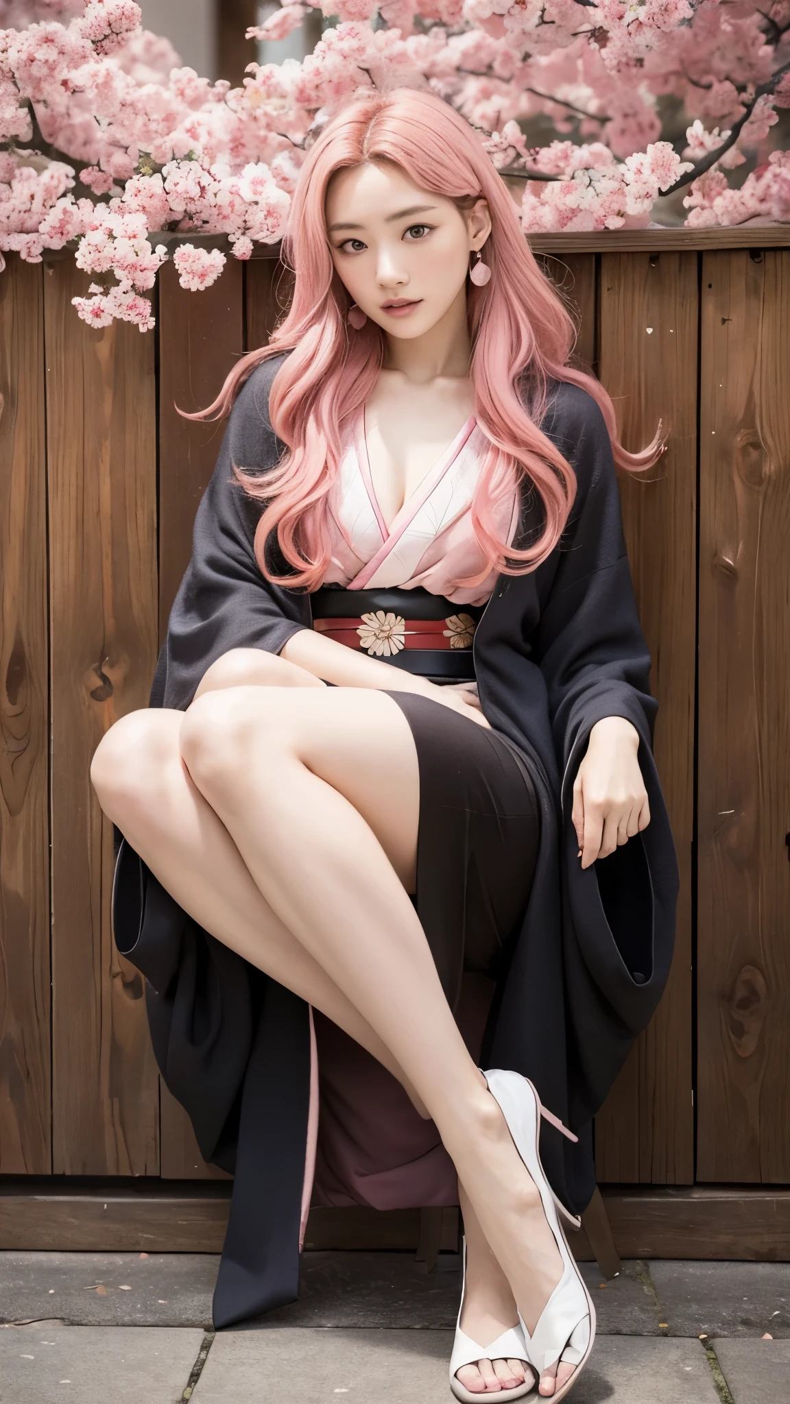 Cute Japanese woman, (), (very cute face), white moisturized skin, looking at the camera, melancholy expression,
BREAK,
Idol,
BREAK,
(wearing cute kimono: 1.3), (highly revealing kimono), very large earrings, short length,
BREAK,
(long hair), (pink hair: 1.4), (wavy hair), (gradient hair: 1.3), (red hair at the end),
BREAK,
(realistic: 1.3), masterpiece, perfect lighting, (ultra-high resolution), (8K), (highly detailed: 1.4), (from the front), (full body: 1.4), (symmetrical: 1.2), (one shot),
BREAK,
(Shibuya city in Japan: 1.2),
BREAK,
(Demon Slayer: 1.4),
BREAK,