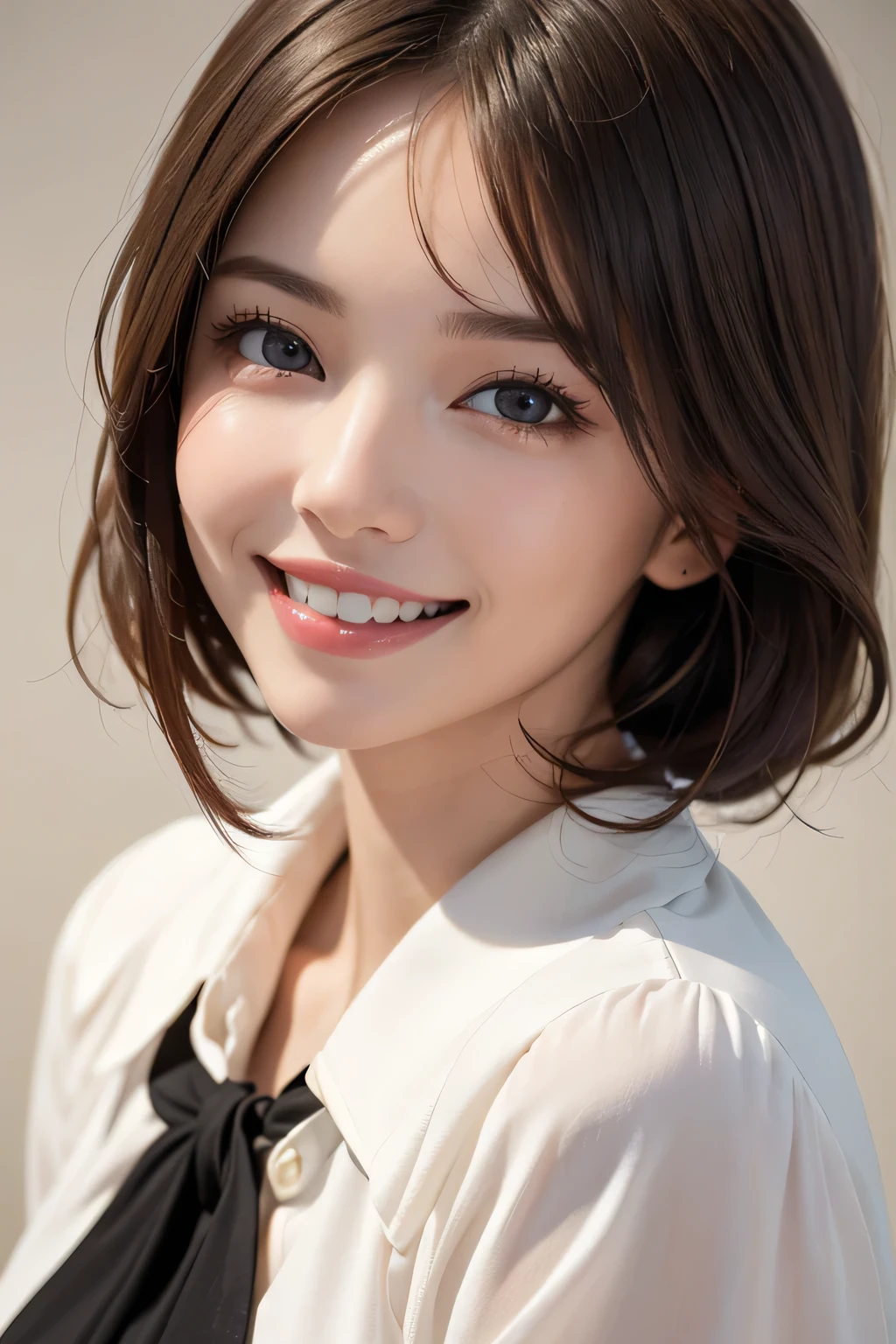 ((masterpiece)), ((Highest quality)), ((Complex)), ((Surreal)), (Realistic), (Mature Woman), ((No classes)), Very detailed, (1 female), Beautiful and exquisite, (Beautiful Teeth), Grin, Brunette bob hair, Brown eyes, ((blouse)), (Upper Body), (background:none), Perfect Eyes, Captivating eyes, Looking at the audience