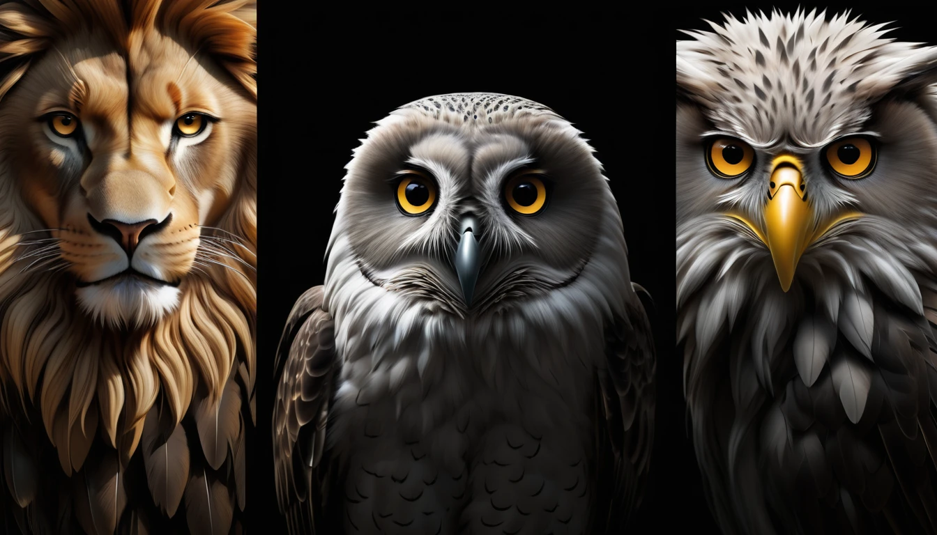 create an image divided into 3 parts, these images must be a close-up of the face of 3 animals, each is the representation of an archetype, first animal and an owl (located in the left corner in the first part of the image), second the lion (located in the center of the image), third animal is eagle (located in the third part of the image in the right corner of the image), the image must be divided equally vertically and no part must invade or overlap the other, the image must be made in black and white, ultra-realistic, 8k, extreme sharpness and details, black background, (Owl, Lion, Eagle), ( An image with 2 divisions and three parts), all facing the camera, division in black