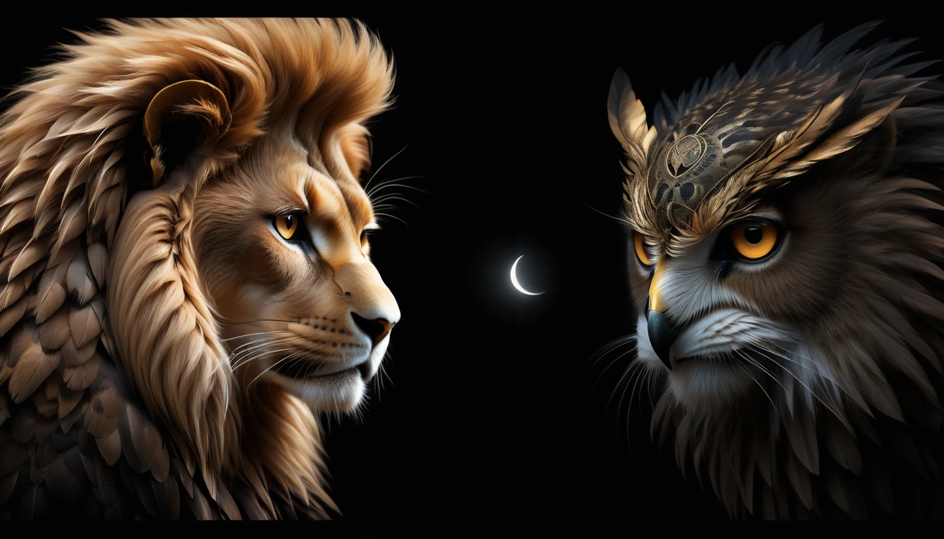 create an image divided into 3 parts, these images must be a close-up of the face of 3 animals, each is the representation of an archetype, first animal and an owl (located in the left corner in the first part of the image), second the lion (located in the center of the image), third animal is eagle (located in the third part of the image in the right corner of the image), the image must be divided equally vertically and no part must invade or overlap the other, the image must be made in black and white, ultra-realistic, 8k, extreme sharpness and details, black background, (Owl, Lion, Eagle), ( An image with 2 divisions and three parts), all facing the camera, division in black