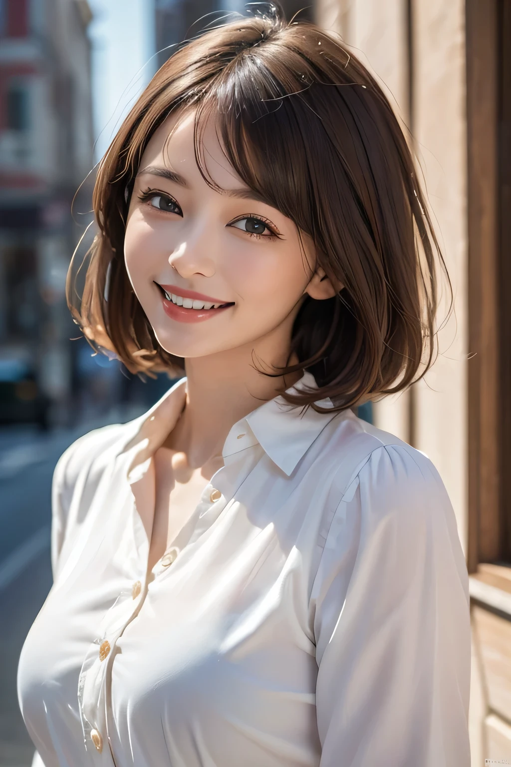 ((masterpiece)), ((Highest quality)), ((Complex)), ((Surreal)), (Realistic), (Mature Woman), ((No classes)), Very detailed, (1 female), Beautiful and exquisite, (Beautiful Teeth), Grin, Brunette bob hair, Brown eyes, ((blouse)), (Upper Body), (background:none), Perfect Eyes, Captivating eyes, Looking at the audience