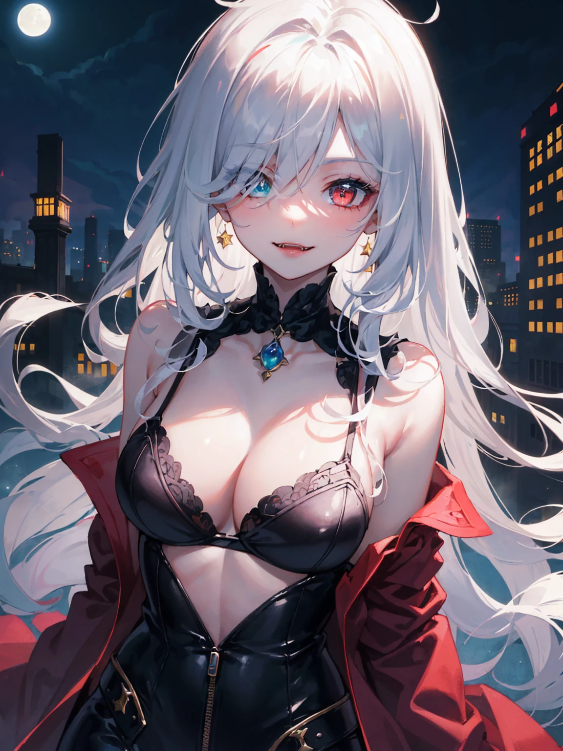 masterpiece, highest quality, (solo focus), (perfect face:1.1), (high detail:1.1),dramatic, 1girl, (pale skin), long white hair, white eyes, solo, long hair, moon, night, white luxury suit, open suit, open jacket, exposed bra, visible bra, bare neck, neckless, vampire, fangs, smile, pouty lips, covered, victorian city, detailed background, gothic renaissance, cinematic lighting, detailed iris, sparkle eyes, star in eyes, enchanting red eyes, (multicolored eyes), (shining dust), (heterochromia), (messy hair:1.3), (hair between eyes), (hair over one eye), (wavy hair:1.1), perfect legs