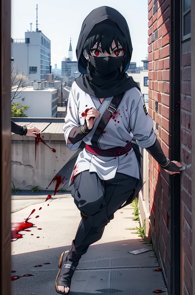 Yorbraia, Yor Briar, Black Hair, (Red eyes:1.5), Earrings, gold hair band, hair band, Long Hair, Side Lock, (Medium chest:1.2), Shadowed face,Hooded,Cover your mouth with a black scarf,strict,black Ninja uniform,Ninja,black Ninja pants,short boots,Action pose,Overlooking the city from the roof of the building,moon,moon明かり,night,moon光,whole bodyがイラストに入るように,Psychopath horror、Bloody、blood droplets,murder scene, Serial killer, Covered in blood break looking at viewer, whole body, break outdoors ,Medieval European-style building, break (masterpiece:1.2), Highest quality, High resolution, unity 8k wallpaper, (shape:0.8), (Beautiful and beautiful eyes:1.6), Highly detailed face, Perfect lighting, Extremely detailed CG, (Perfect hands, Perfect Anatomy),