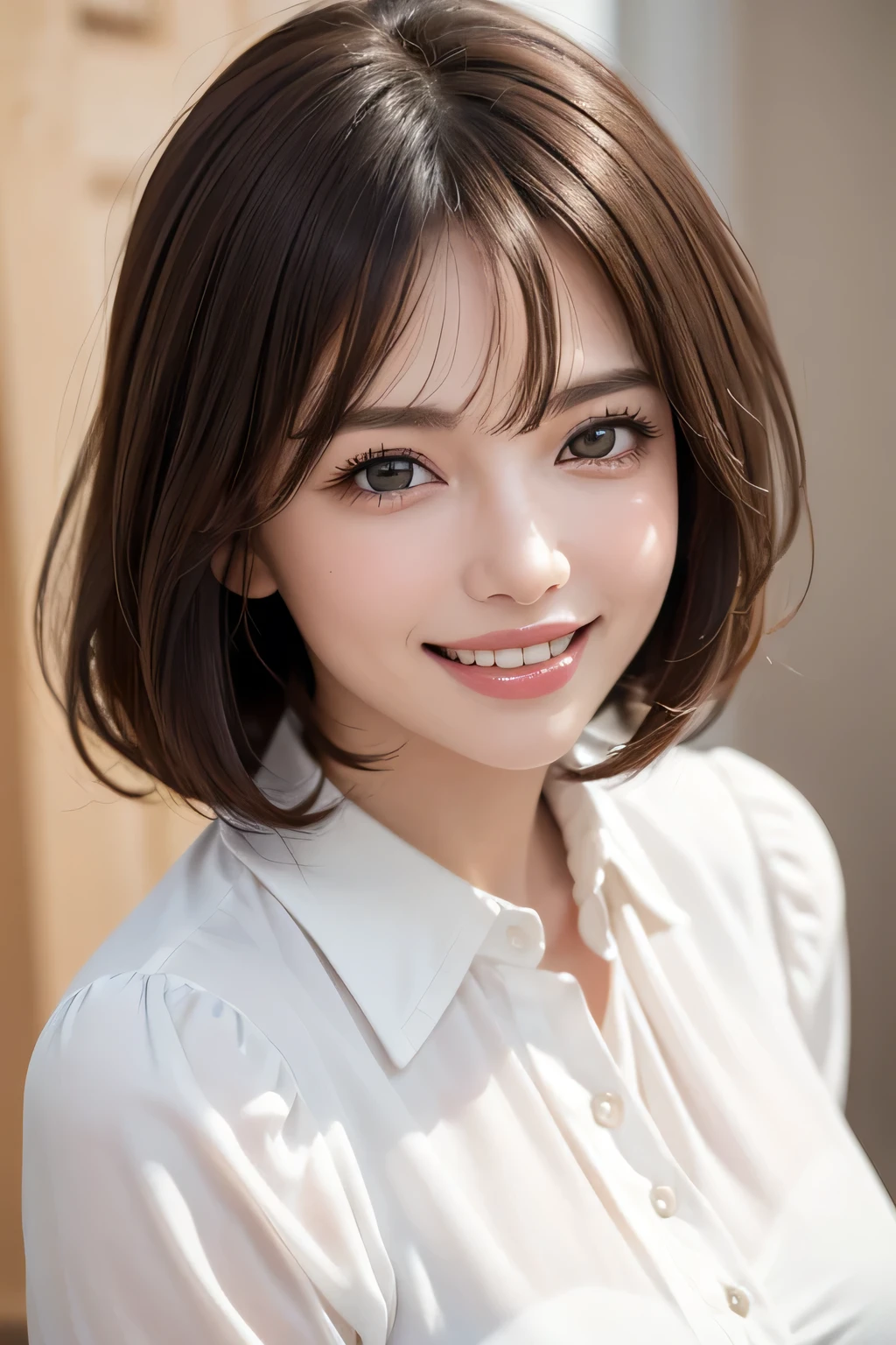 ((masterpiece)), ((Highest quality)), ((Complex)), ((Surreal)), (Realistic), (Mature Woman), ((No classes)), Very detailed, (1 female), Beautiful and exquisite, (Beautiful Teeth), Grin, Brunette bob hair, Brown eyes, ((blouse)), (Upper Body), (background:none), Perfect Eyes, Captivating eyes, Looking at the audience