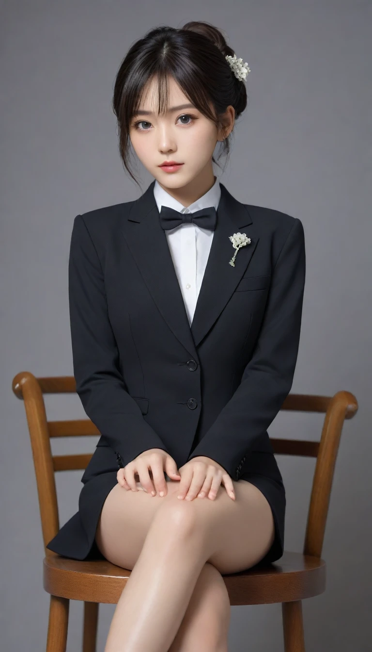 8k, Ultra-high resolution, Highest quality, masterpiece, 三分割法によるphotograph,Surreal, photograph, 1 Girl, (16 years old:1.3), pretty girl, Cute Face, Beautiful eyes in every detail, 細かくdetailedに,masterpiece,One Girl:1.2, Japan Female Announcer,full body,sad,streaming tears,Black short hair,Messy bun hair,(black suit:1.3),Nun's clothing,Black Pencil Skirt,(印象派の美しい少女のPortraiture), (Gray background:1.3),(Impressionist light and colour),Dedication to God,Sitting on a chair,Beautiful leg line beauty,Stiletto pumps,Realistic Skin, Perfect and beautiful face ,完璧でCute Face, Skin with attention to detail, Perfect limbs、Narrow waist,Looking at the audience、beauty,Long neck,clavicle,(((Ideal body type))),A cup small breasts :2,Portraiture:2,Perfect Anatomy,鮮明なdetailed,detailed,Surreal,Light and shadow,spotlight
