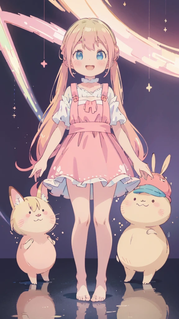 ((masterpiece))((Highest quality))girl、A big smile、blush、Flat Chest、Are thin、Blonde Hair、blush、Are standing、Whole body image、Eye level to the feet、front、No background、真frontのアングル、Pink clothes、Two-tone red and blue hair、Twin tails、Red Alice outfit、Reflected up to your feet
