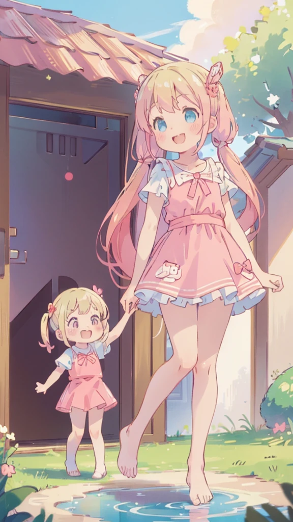 ((masterpiece))((Highest quality))girl、A big smile、blush、Flat Chest、Are thin、Blonde Hair、blush、Are standing、Whole body image、Eye level to the feet、front、No background、真frontのアングル、Pink clothes、Two-tone red and blue hair、Twin tails、Red Alice outfit、Reflected up to your feet