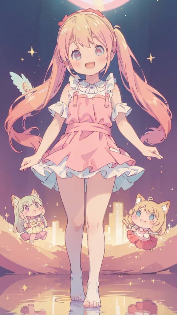 ((masterpiece))((Highest quality))girl、A big smile、blush、Flat Chest、Are thin、Blonde Hair、blush、Are standing、Whole body image、Eye level to the feet、front、No background、真frontのアングル、Pink clothes、Two-tone red and blue hair、Twin tails、Red Alice outfit、Reflected up to your feet