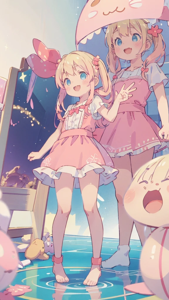 ((masterpiece))((Highest quality))girl、A big smile、blush、Flat Chest、Are thin、Blonde Hair、blush、Are standing、Whole body image、Eye level to the feet、front、No background、真frontのアングル、Pink clothes、Two-tone red and blue hair、Twin tails、Red Alice outfit、Reflected up to your feet