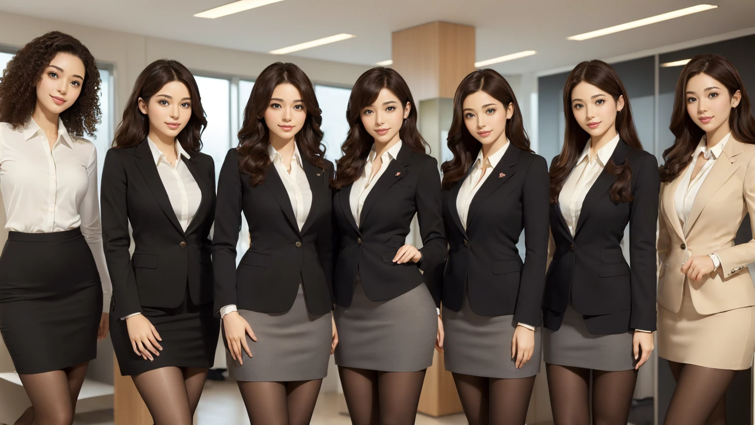 (best quality, masterpiece:1.5), (ultra-detailed, realistic:1.37),4K,(5woman:1.5),(smile:1.1),(group photo),japanese,cute,beautiful,curly hair,(office suits),skirt,(black pantyhose),beauty legs,(sexy pose:1.1)