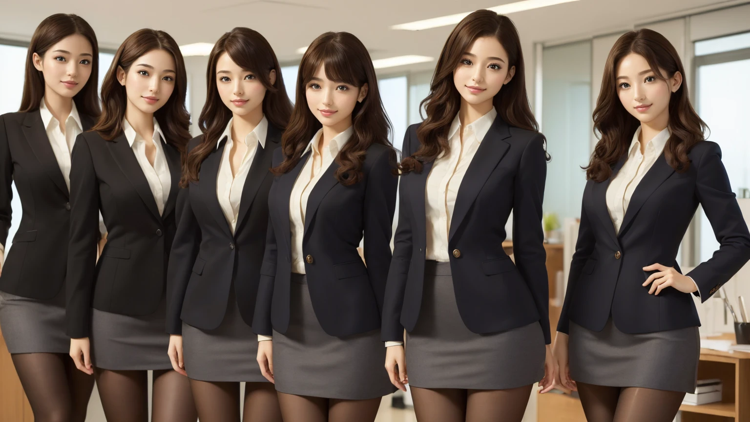 (best quality, masterpiece:1.5), (ultra-detailed, realistic:1.37),4K,(5woman:1.5),(smile:1.1),(group photo),japanese,cute,beautiful,curly hair,(office suits),skirt,(black pantyhose),beauty legs,(sexy pose:1.1)