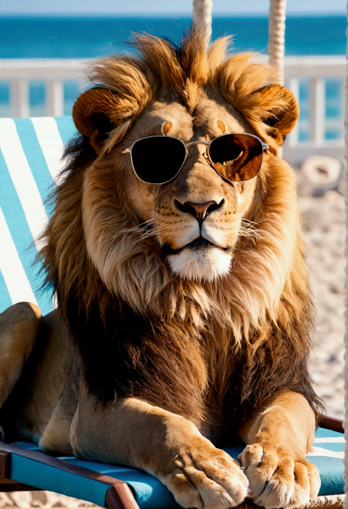 A lion with glasses sits on a sun lounger on the seashore