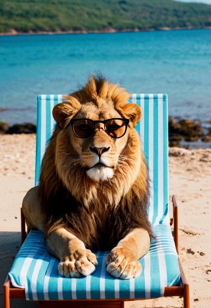 A lion with glasses sits on a sun lounger on the seashore