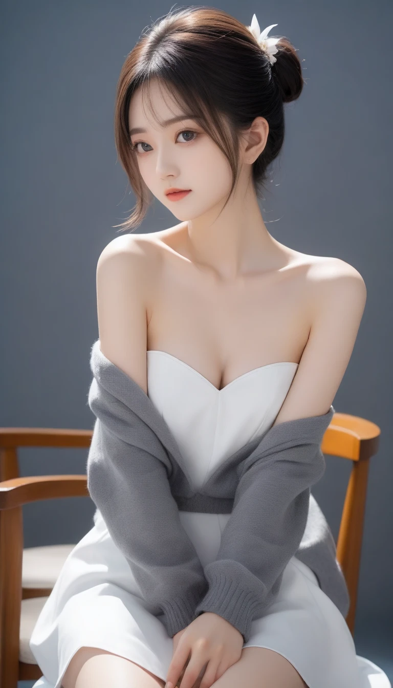 8k, Ultra-high resolution, Highest quality, masterpiece, 三分割法によるphotograph,Surreal, photograph, 1 Girl, (:1.3), pretty girl, Cute Face, Beautiful eyes in every detail, 細かくdetailedに,masterpiece,One Girl:1.2, Japan Female Announcer,full body,sad,streaming tears,Black short hair,Messy bun hair,(black suit:1.3),Nun's clothing,Black Pencil Skirt,(印象派の美しい少女のPortraiture), (Gray background:1.3),(Impressionist light and colour),Dedication to God,Sitting on a chair,Beautiful leg line beauty,Stiletto pumps,Realistic Skin, Perfect and beautiful face ,完璧でCute Face, Skin with attention to detail, Perfect limbs、Narrow waist,Looking at the audience、beauty,Long neck,clavicle,(((Ideal body type))),A cup small breasts :2,Portraiture:2,Perfect Anatomy,鮮明なdetailed,detailed,Surreal,Light and shadow,spotlight