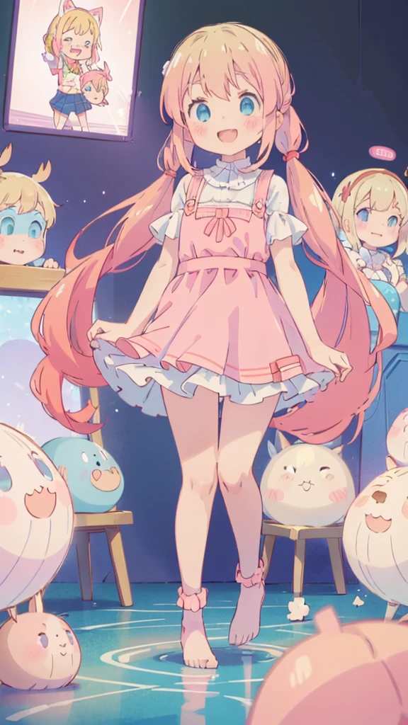 ((masterpiece))((Highest quality))girl、A big smile、blush、Flat Chest、Are thin、Blonde Hair、blush、Are standing、Whole body image、Eye level to the feet、front、No background、真frontのアングル、Pink clothes、Two-tone red and blue hair、Twin tails、Red Alice outfit、Reflected up to your feet