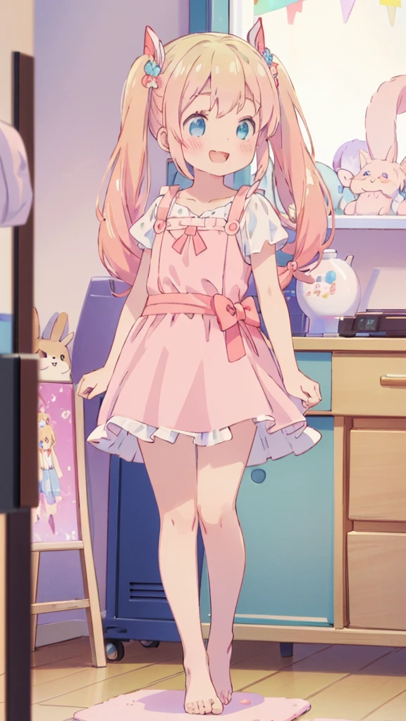 ((masterpiece))((Highest quality))girl、A big smile、blush、Flat Chest、Are thin、Blonde Hair、blush、Are standing、Whole body image、Eye level to the feet、front、No background、真frontのアングル、Pink clothes、Two-tone red and blue hair、Twin tails、Red Alice outfit、Reflected up to your feet