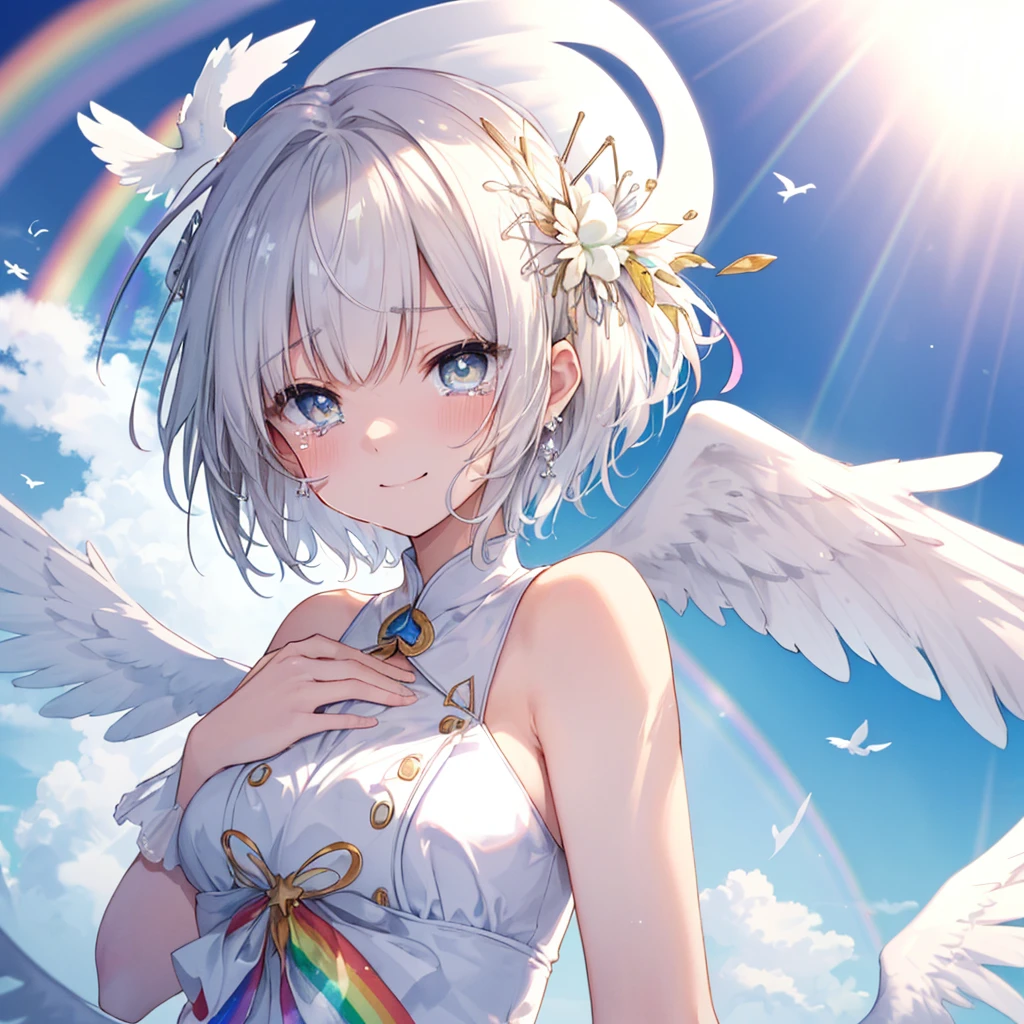 (((Extreme close-up tears smile Low - Angle Dove of peace Angel Halo))) ((輝くtears Rainbow Eyes Short Hair Receiving the light Rainbow light Place your hand on your chest)) (Shining Edge Pillar of Light)