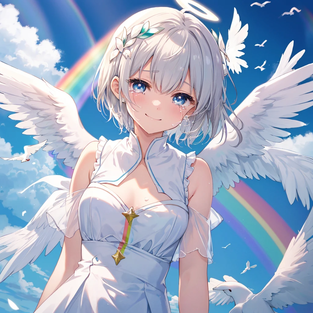 (((Extreme close-up　tears　smile　Low - Angle　Dove of peace　Angel Halo)))　((輝くtears　Rainbow Eyes　Short Hair　Receiving the light　Rainbow light　Place your hand on your chest))　(Shining Edge　　Pillar of Light)